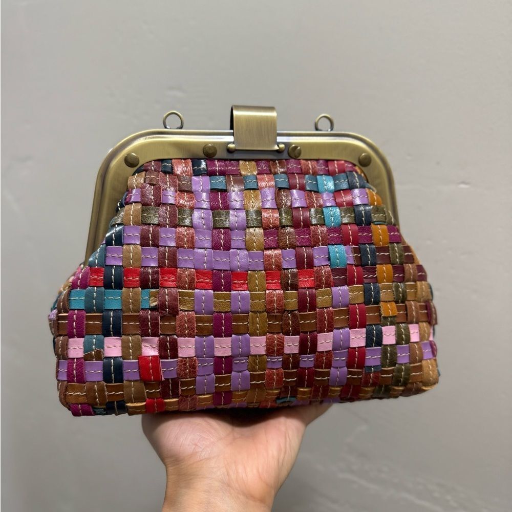 Colorful Woven Cowhide Leather Retro Metal Frame & Push Lock Handbag, Crossbody - Picture 8 of 14